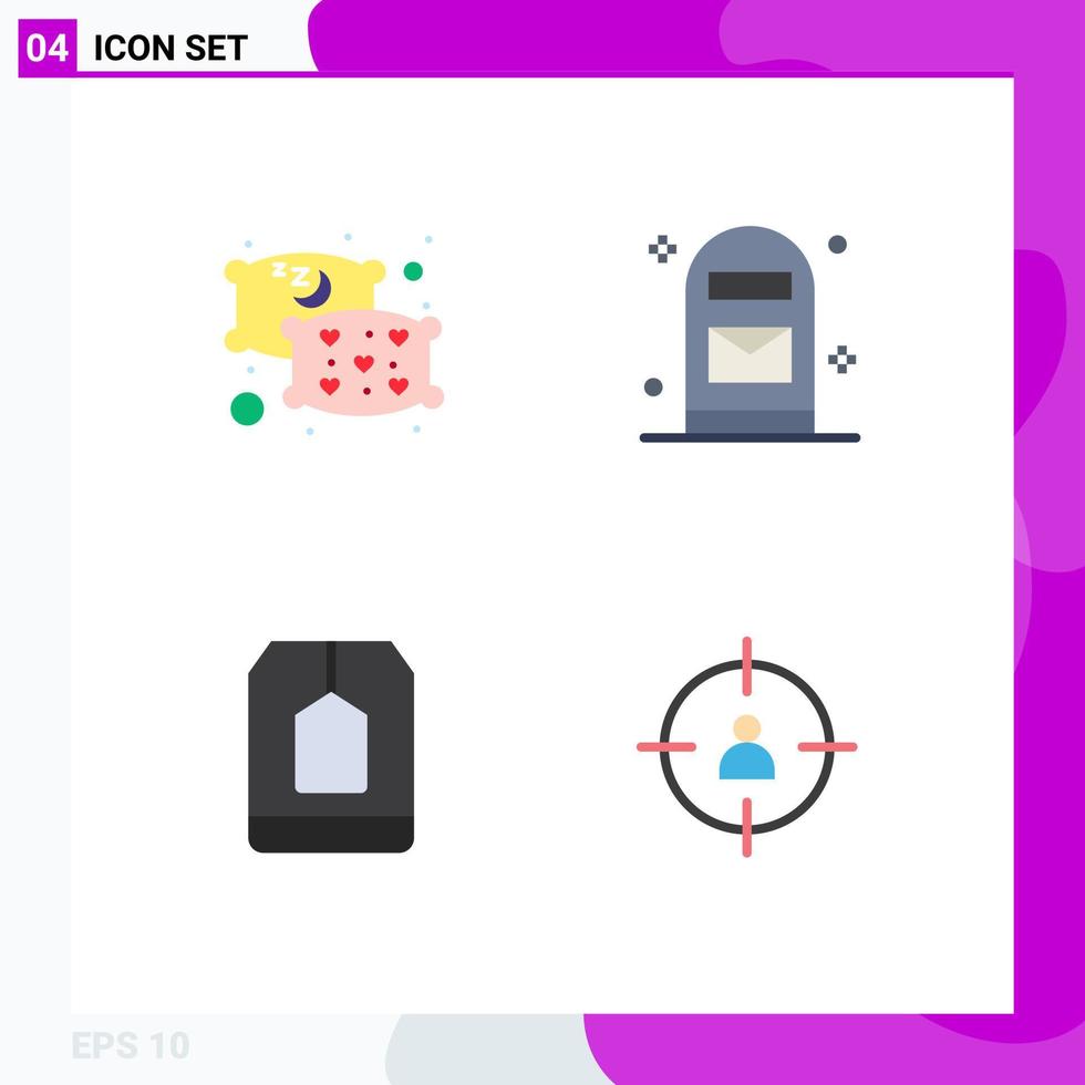conjunto de ícones planos de interface móvel de 4 pictogramas de caixa de bebida de travesseiro pós-chá elementos de design de vetores editáveis