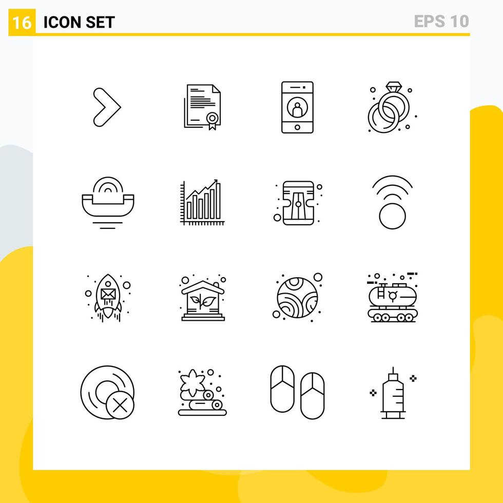 grupo de 16 contornos de sinais e símbolos para elementos de design de vetores editáveis de mídia de telefone de carta de diamante de anel