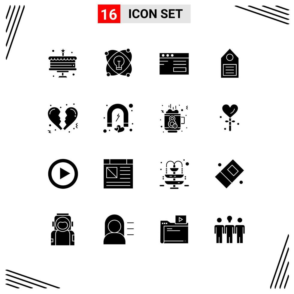 pacote de 16 sinais e símbolos de glifos sólidos modernos para mídia impressa na web, como etiqueta de coração, etiqueta de internet, ecologia, elementos de design de vetores editáveis