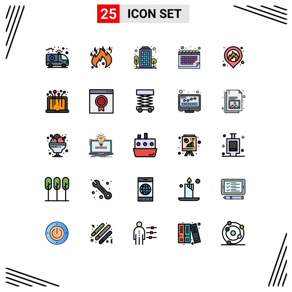 conjunto de 25 sinais de símbolos de ícones de interface do usuário modernos para elementos de design de vetores editáveis de calendário de fogo de cidade de localização de hardware