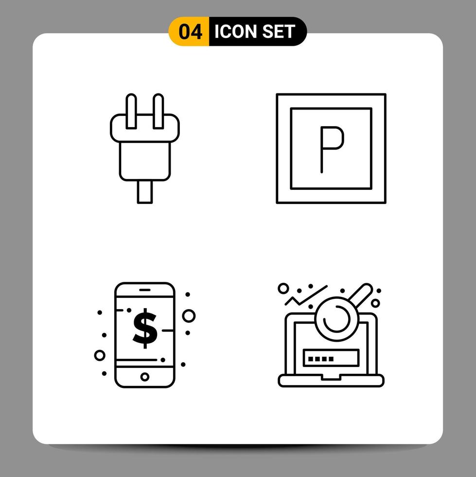 4 sinais de símbolos de contorno de pacote de ícones pretos para designs responsivos em conjunto de 4 ícones de fundo branco vetor