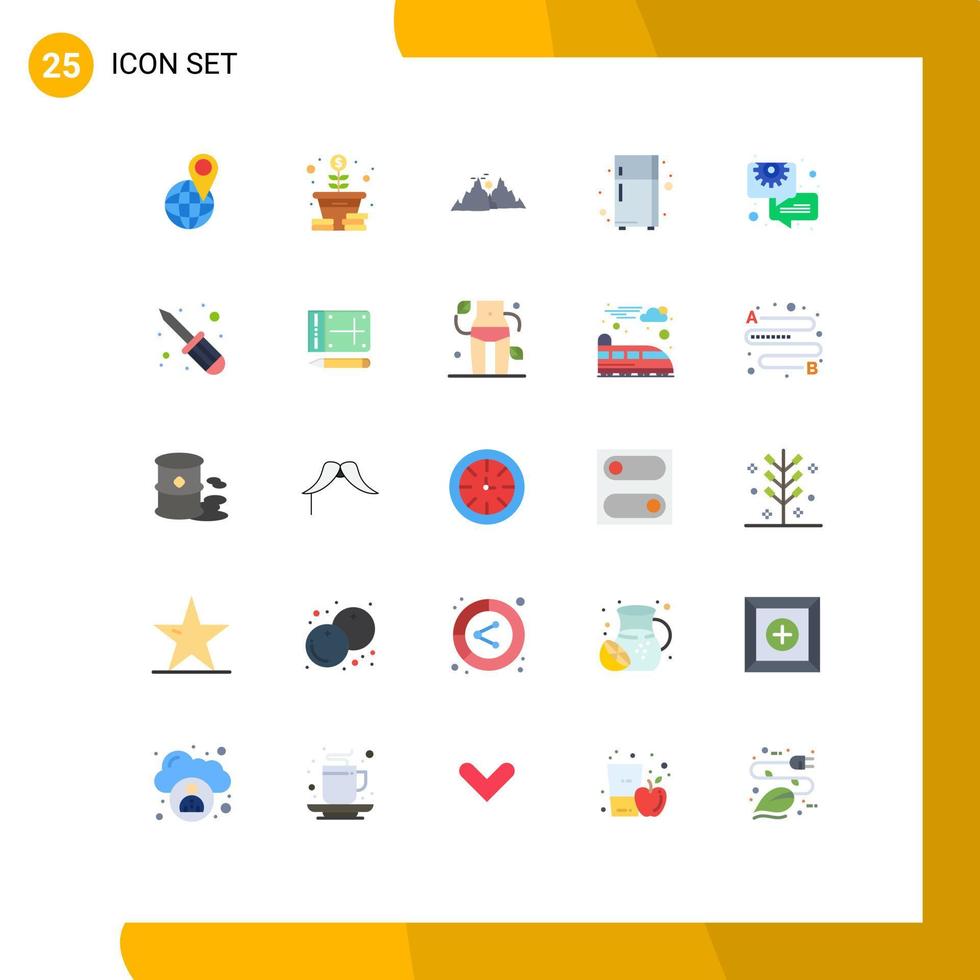 conjunto de 25 sinais de símbolos de ícones de interface do usuário modernos para bate-papo, geladeira, montanha, geladeira, sol, elementos de design de vetores editáveis