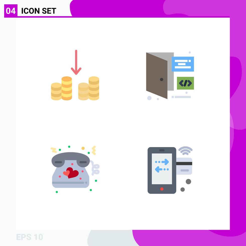 conjunto moderno de pictograma de 4 ícones planos de cartão de página de navegador de telefone de caixa editável elementos de design vetorial vetor