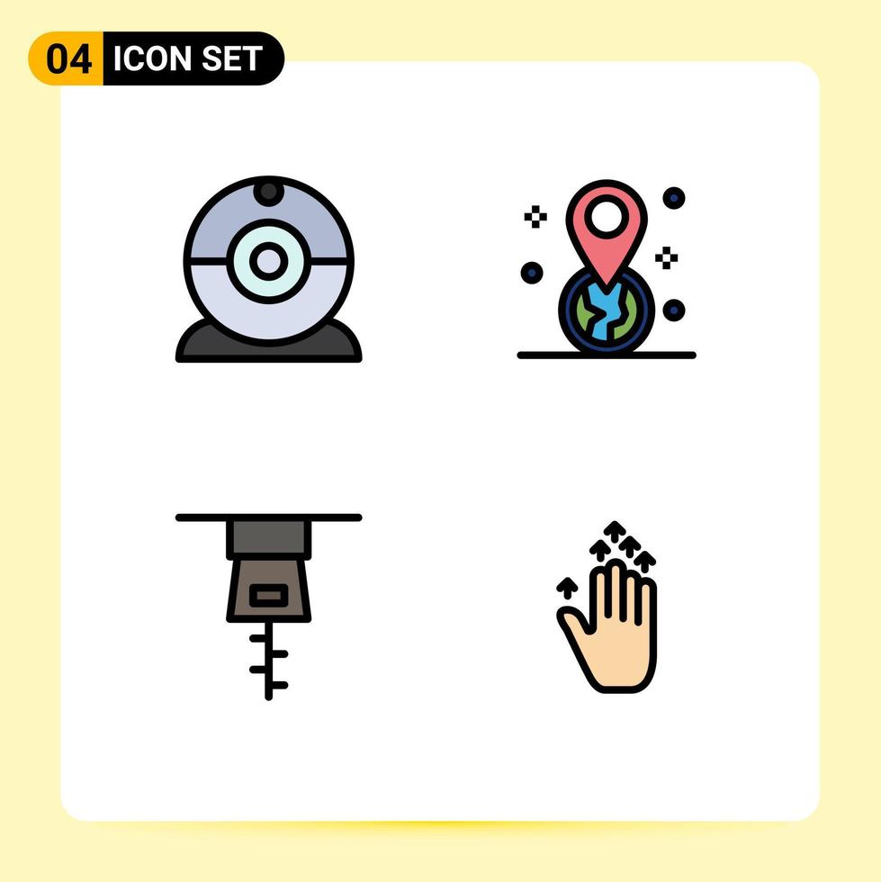conjunto de 4 sinais de símbolos de ícones de interface do usuário modernos para geolocalização de gesto de cam pin up elementos de design de vetores editáveis