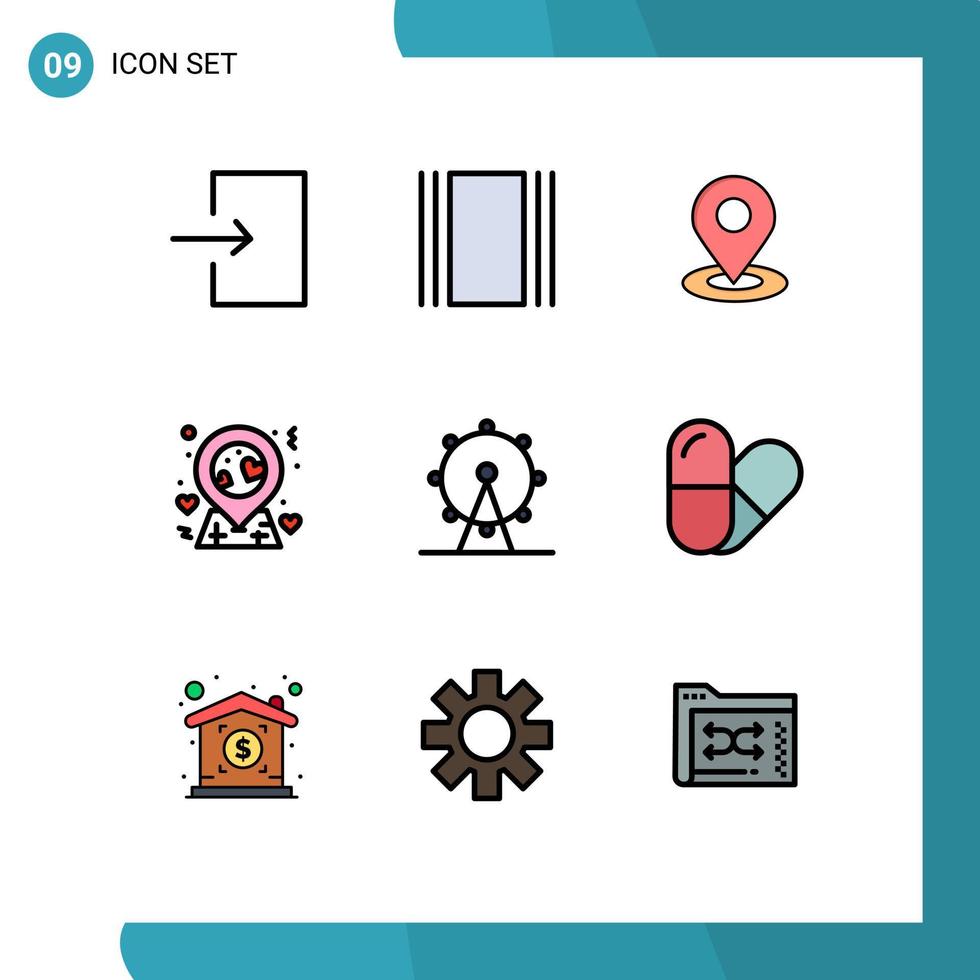 pacote de 9 sinais e símbolos modernos de cores planas de linha preenchida para mídia impressa na web, como sinal de mapa de lazer férias amor elementos de design de vetores editáveis