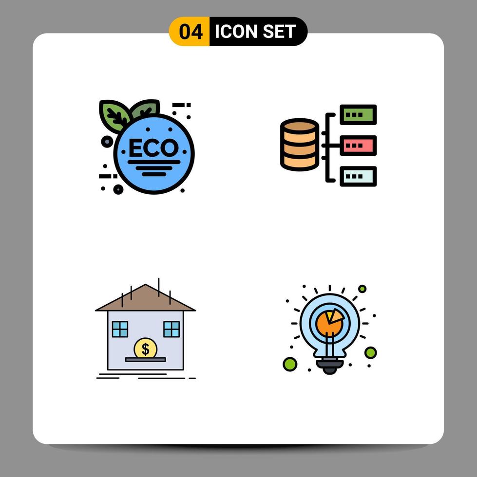 pacote de 4 sinais e símbolos modernos de cores planas de linha preenchida para mídia de impressão na web, como banco de armazenamento de dados de economia verde ecológico, elementos de design vetorial editáveis vetor
