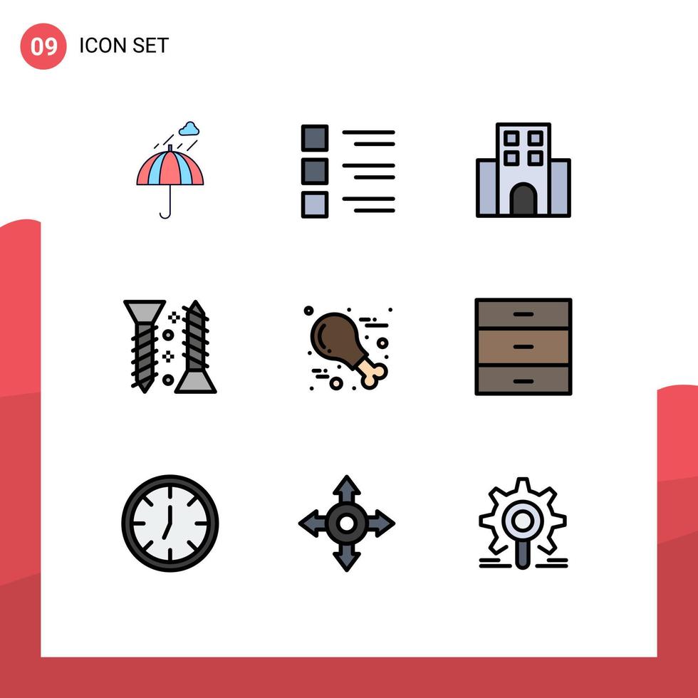 conjunto de cores planas de linha preenchida de interface móvel de 9 pictogramas de menu de construção de autofixação, jornada de viagem, elementos de design de vetores editáveis