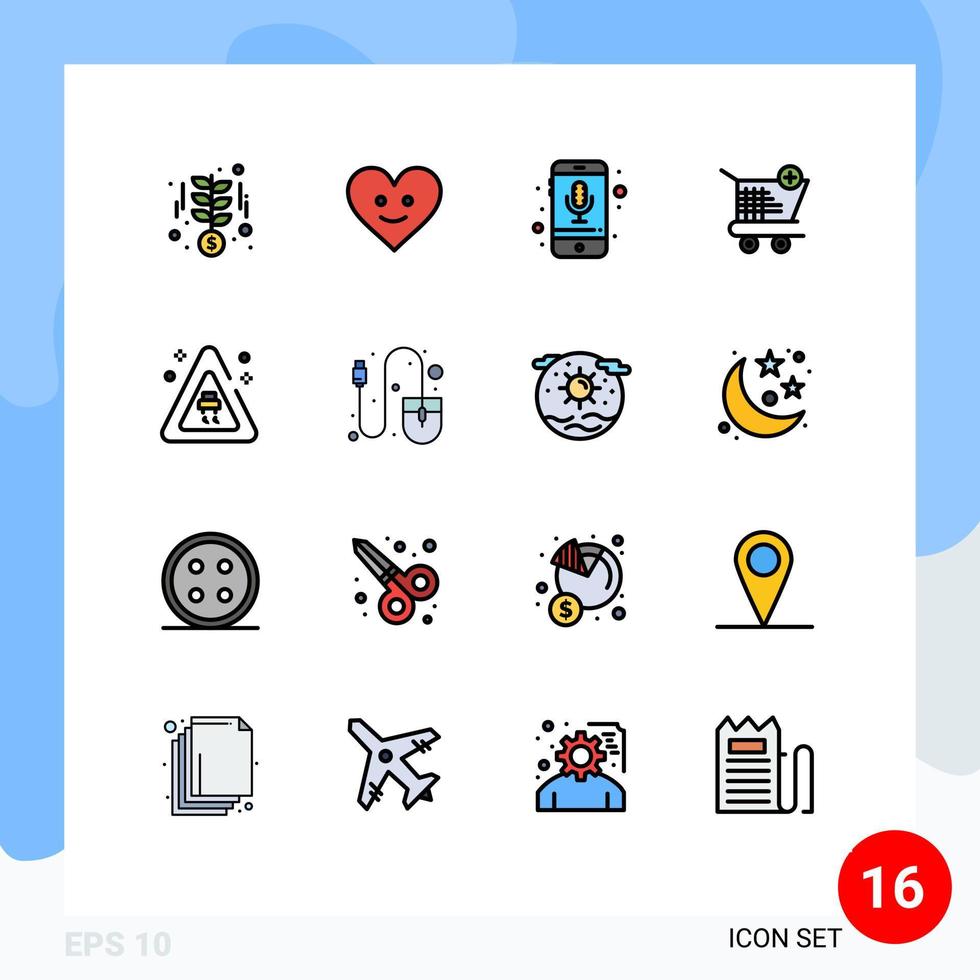pacote de 16 sinais e símbolos modernos de linhas cheias de cores planas para mídia impressa na web, como carrinho de compras móveis, elementos de design de vetores criativos editáveis