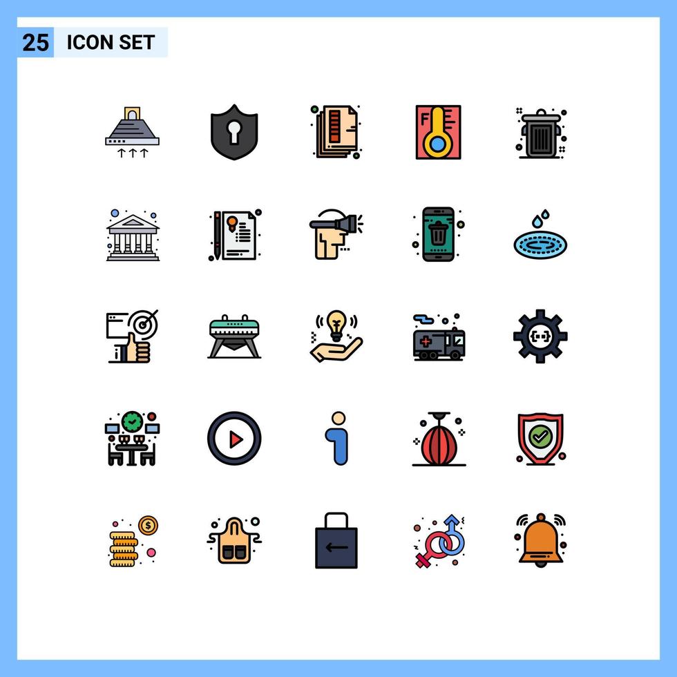 pacote de 25 sinais e símbolos modernos de cores planas de linha preenchida para mídia de impressão na web, como documento chuvoso de temperatura, elementos de design vetorial editáveis de cor clara vetor