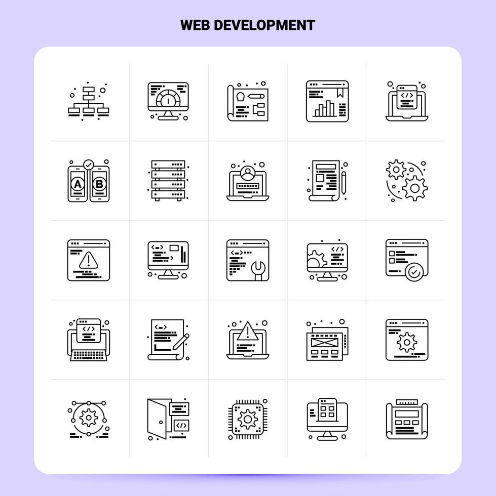 delinear 25 conjunto de ícones de desenvolvimento web vetor design de estilo de linha ícones pretos conjunto de pictograma linear pacote de ideias de negócios móveis e web design ilustração vetorial