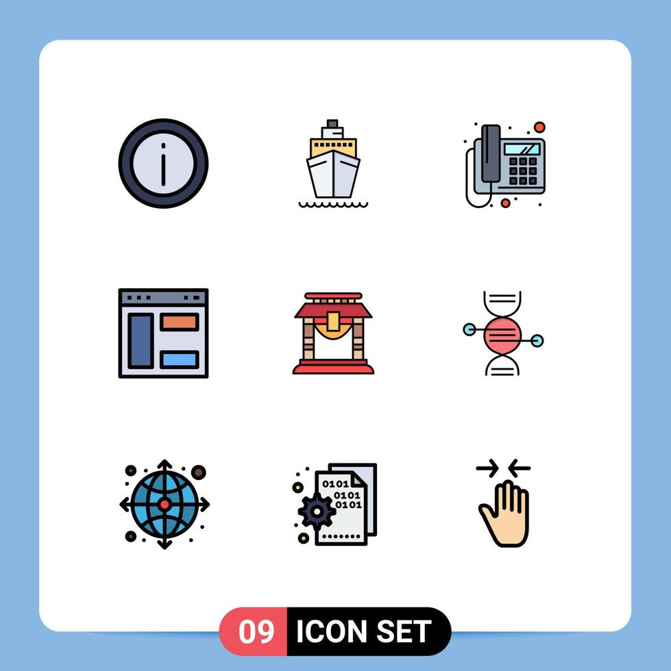 conjunto de pictogramas de 9 cores planas de linha preenchida simples de elementos de design de vetores editáveis de dispositivo de internet de navio de página de porta