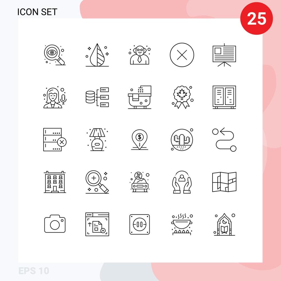 conjunto de linha de interface móvel de 25 pictogramas de negócios de professor de apresentação de microfone ocultar elementos de design de vetores editáveis