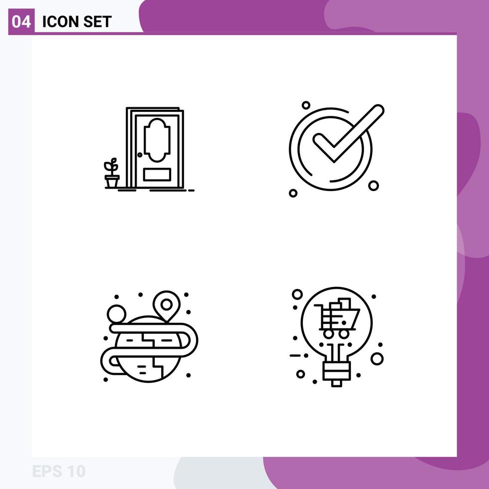 conjunto de pictogramas de 4 cores planas de linha preenchida simples da planta de processo de porta ok mapa elementos de design de vetores editáveis