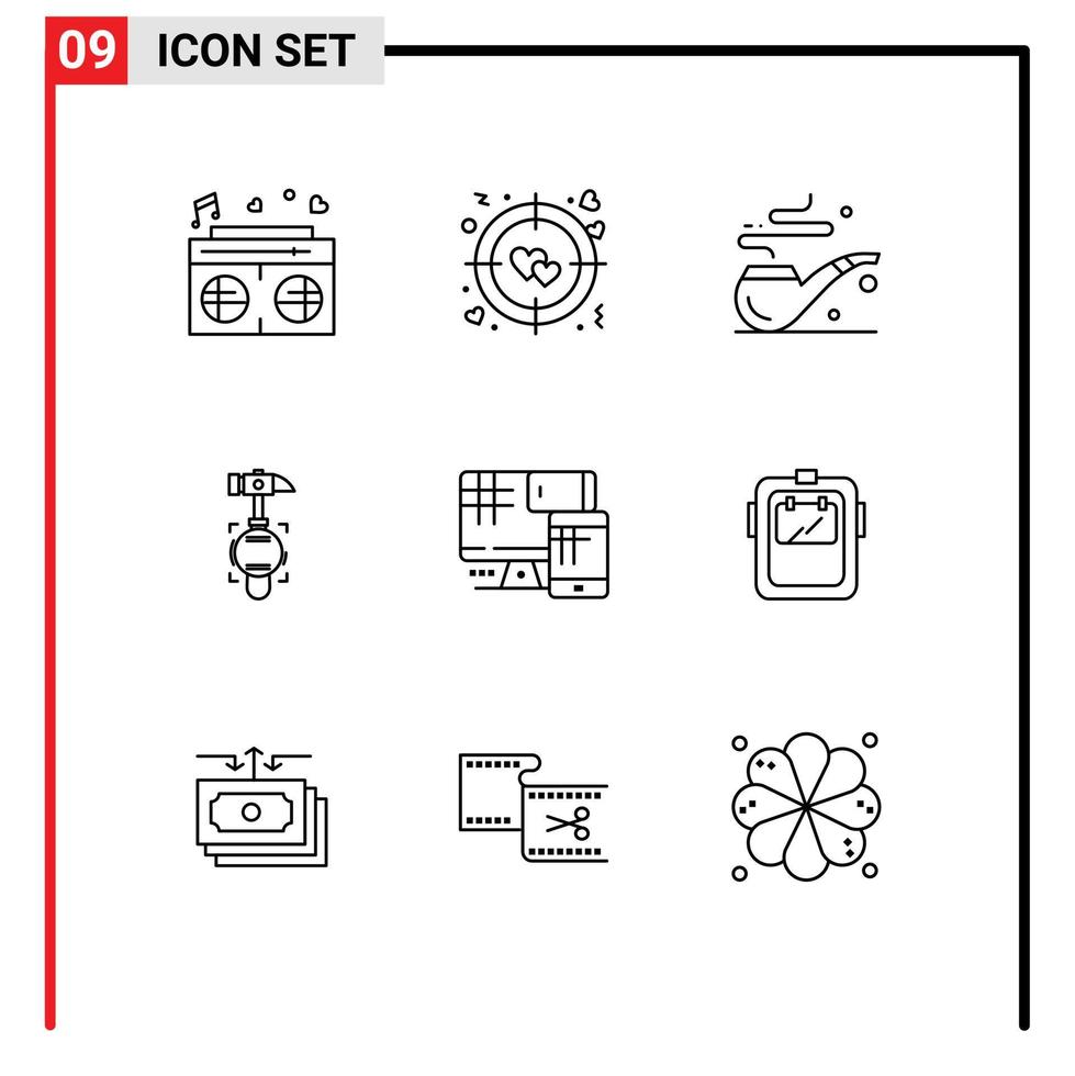 conjunto de pictogramas de 9 contornos simples de monitor de educação fumaça quebra de computador elementos de design de vetores editáveis