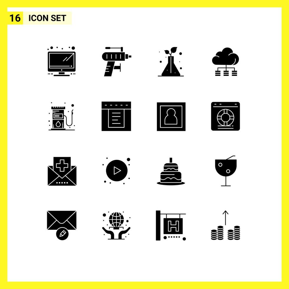 conjunto de 16 sinais de símbolos de ícones de interface do usuário modernos para armazenamento de combustível de frasco de gás combustível elementos de design de vetores editáveis