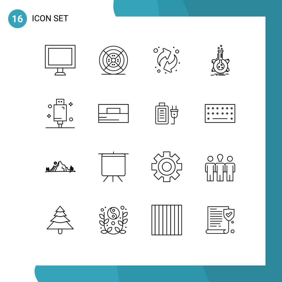 conjunto de 16 sinais de símbolos de ícones de interface do usuário modernos para elementos de design de vetor editável de balão de desenvolvimento de reciclagem de cabo elétrico