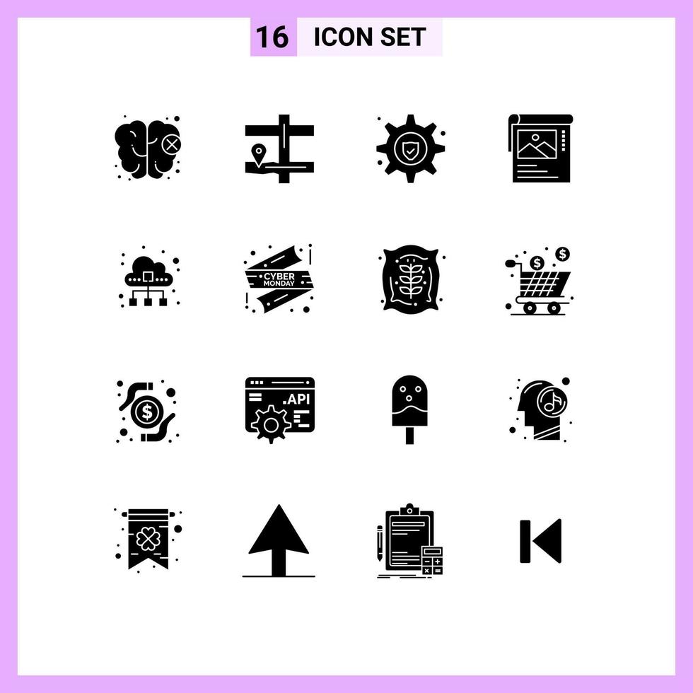 conjunto de glifos sólidos de interface móvel de 16 pictogramas de elementos de design de vetores editáveis de brosher de dados de serviço de tecnologia de nuvem