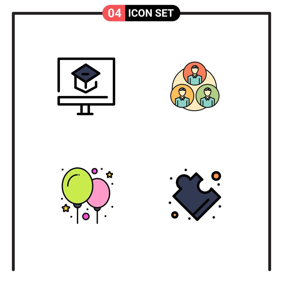 pacote de 4 cores planas criativas de linha preenchida de elementos de design de vetores editáveis de festa de gangue on-line de balão de educação