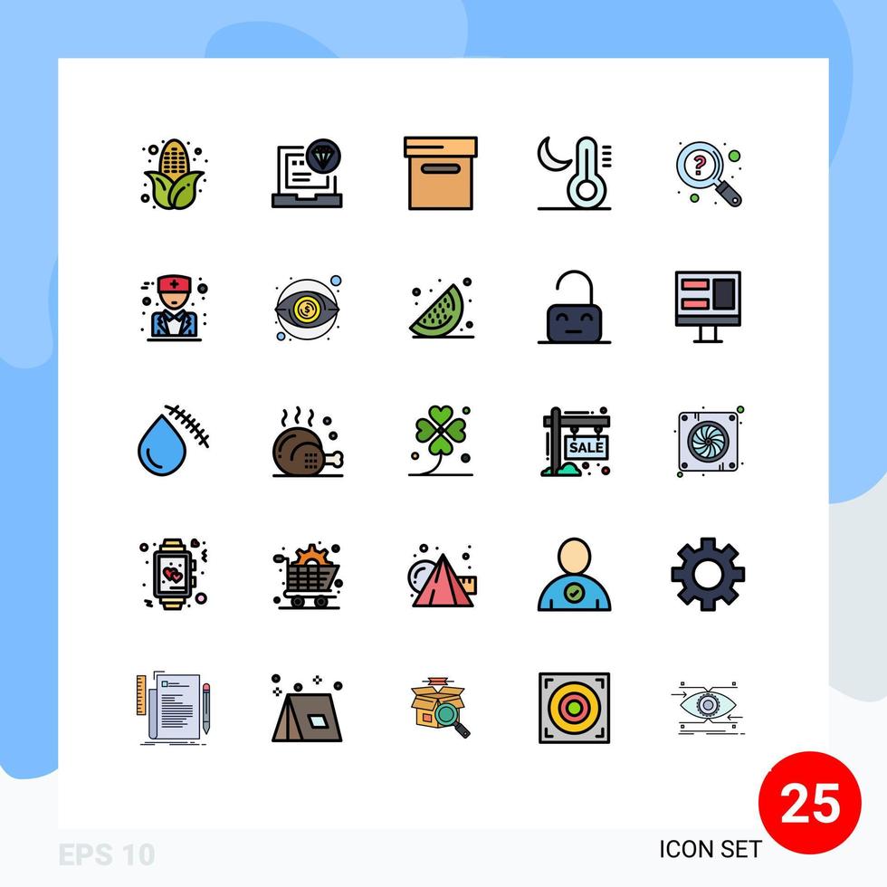 pacote de interface de usuário de 25 cores planas de linha preenchida básica de arquivo de ajuda de pesquisa faq noite elementos de design de vetores editáveis
