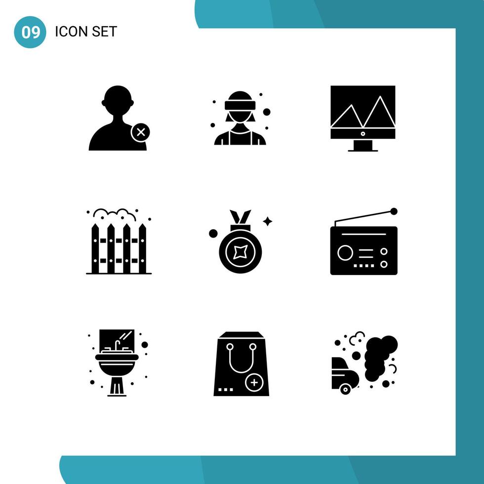 conjunto de glifos sólidos de interface móvel de 9 pictogramas de dispositivos exibição de fita de prêmio cerca de distintivo de prêmio elementos de design de vetores editáveis