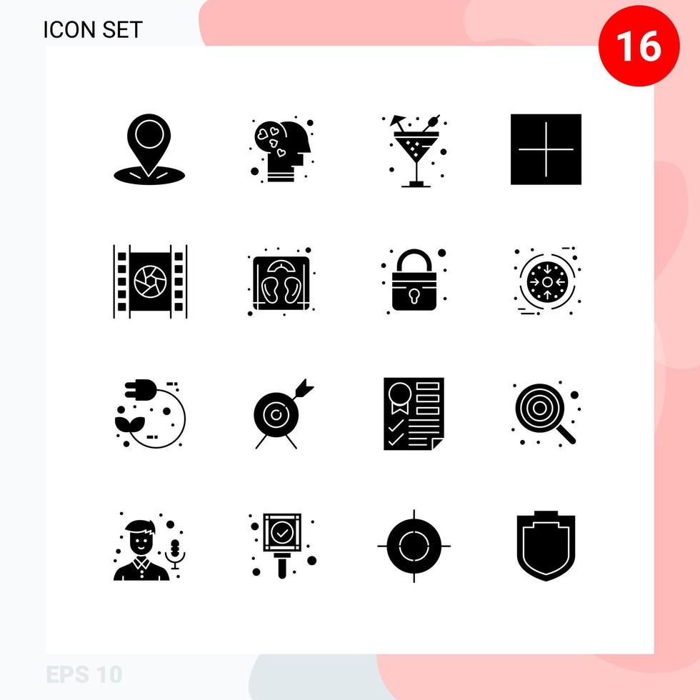 conjunto de pictogramas de 16 glifos sólidos simples de comida de filme de cinema, além de novos elementos de design de vetores editáveis