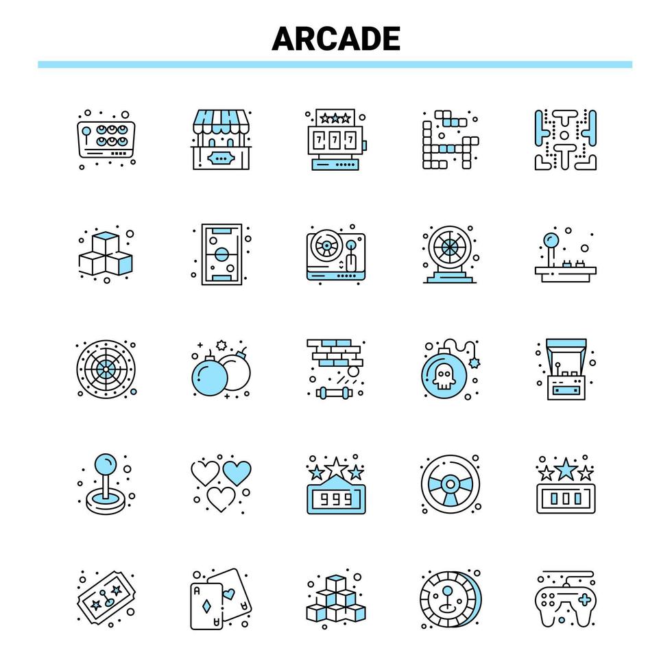 25 ícones de arcade preto e azul definem design de ícone criativo e modelo de logotipo vetor