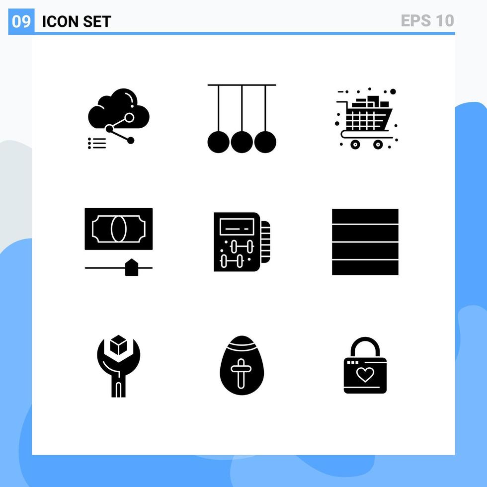 pacote de 9 sinais e símbolos de glifos sólidos modernos para mídia impressa na web, como carrinho de dinheiro esportivo de crédito fitness, elementos de design vetorial editáveis vetor