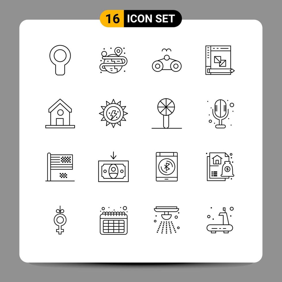 16 sinais de contorno universal símbolos de desenvolvimento de praia de painel de educação codificando elementos de design de vetores editáveis