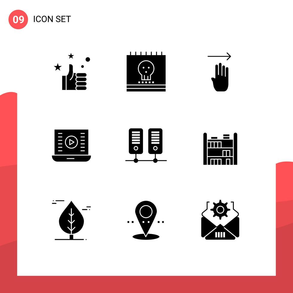 grupo de 9 sinais e símbolos de glifos sólidos para reprodução de vídeo central botão de reprodução de dedo reprodução de áudio elementos de design de vetores editáveis