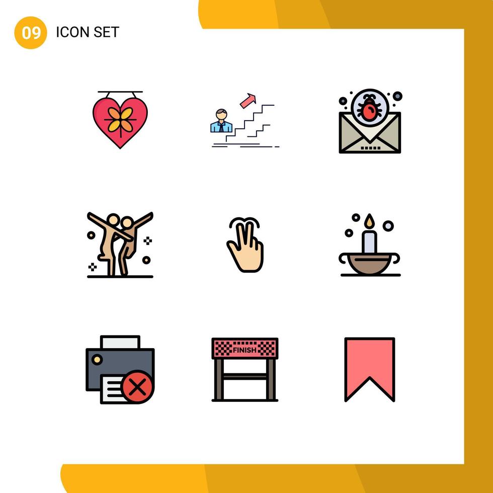conjunto de cores planas de linha preenchida de interface móvel de 9 pictogramas de elementos de design de vetor editável de celebração de carreira de coreografia de festa