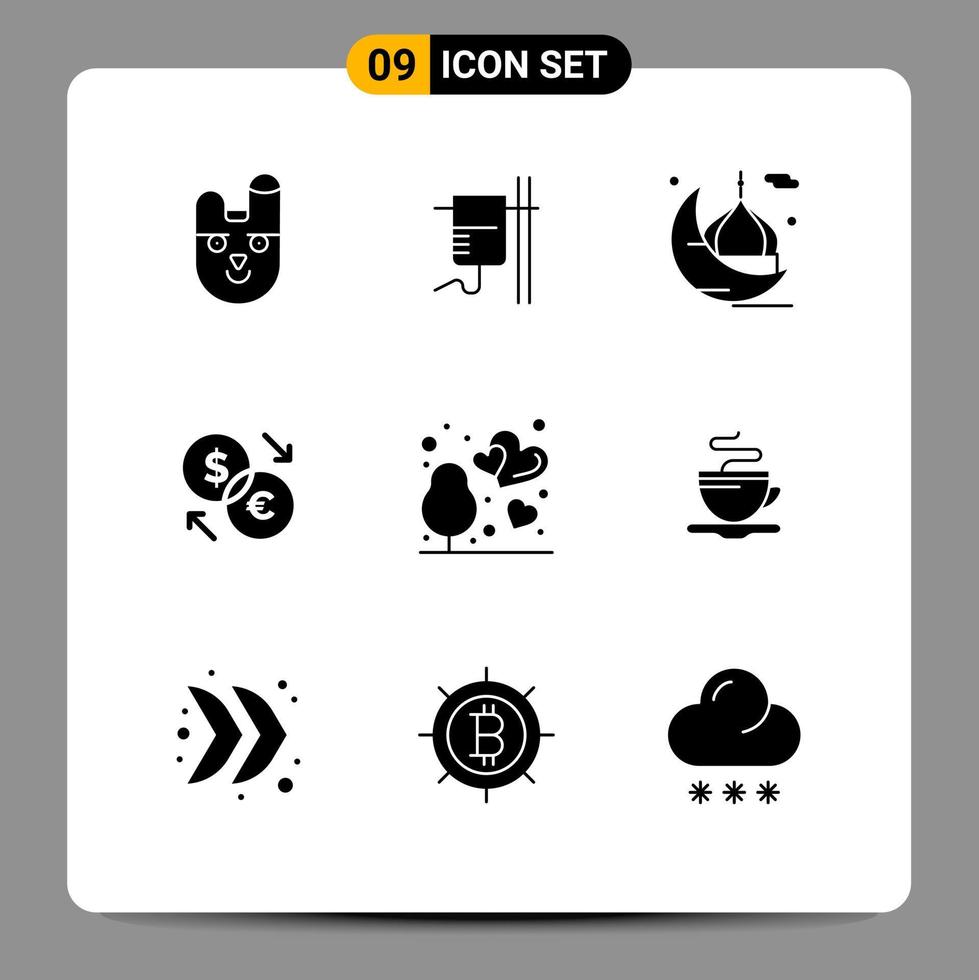 conjunto de pictogramas de 9 glifos sólidos simples de moeda de lua de troca de euro rezar elementos de design de vetores editáveis