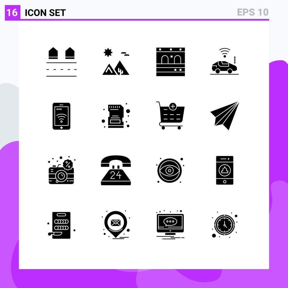 grupo de 16 glifos sólidos modernos definidos para elementos de design de vetores editáveis de trem de carro de wi-fi móvel egito