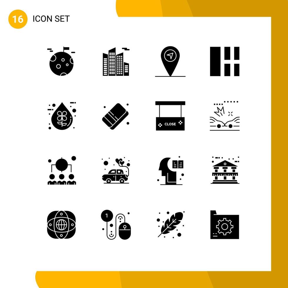 conjunto moderno de pictograma de 16 glifos sólidos de elementos de design de vetores editáveis de layout de queda de mapa ecológico líquido