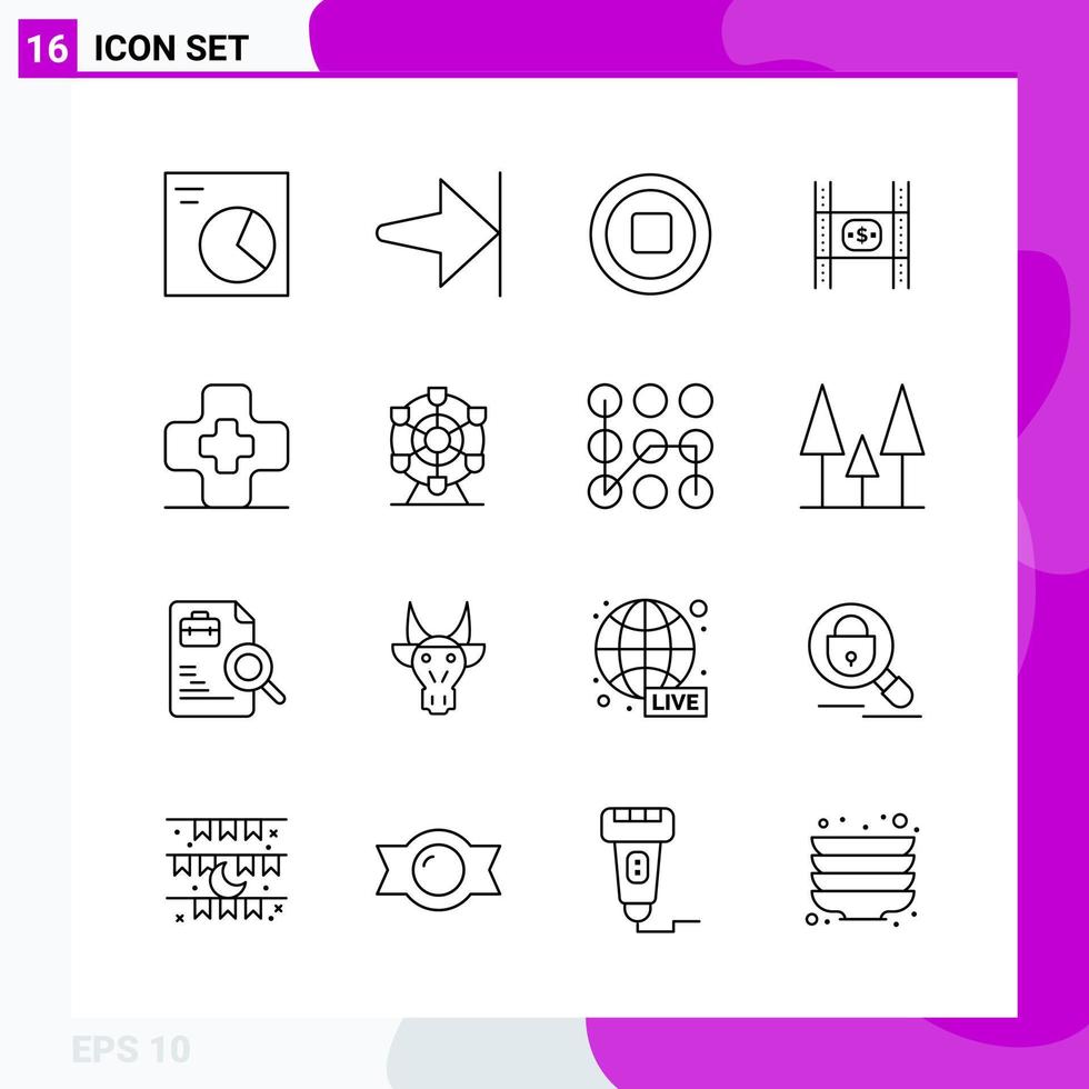 pacote de conjunto de ícones de linha com 16 ícones de contorno isolados em fundo branco para impressão na web e dispositivos móveis vetor