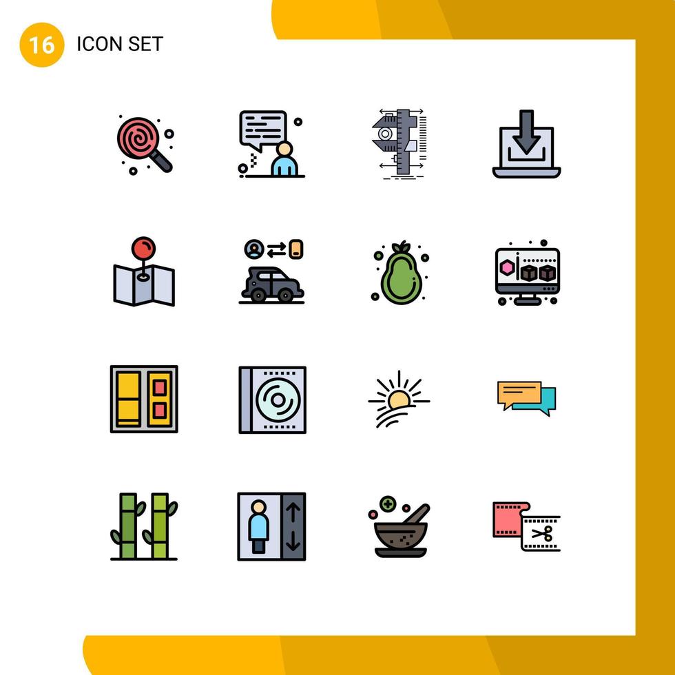 16 interface do usuário pacote de linhas preenchidas com cores planas de sinais e símbolos modernos de pinça de download de pinos para baixo de elementos de design de vetores criativos editáveis para laptop