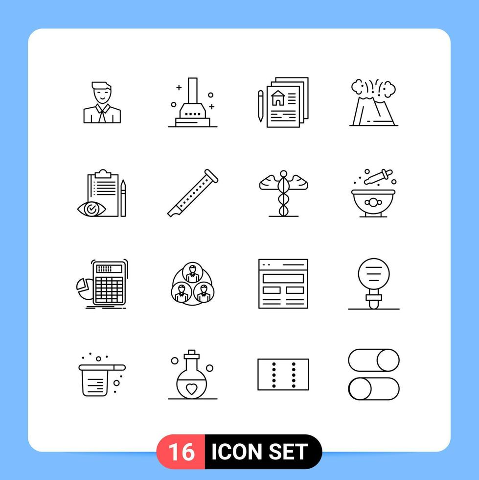 grupo de 16 contornos modernos definidos para controle de qualidade natureza blueprint vulcão perigosos elementos de design de vetores editáveis