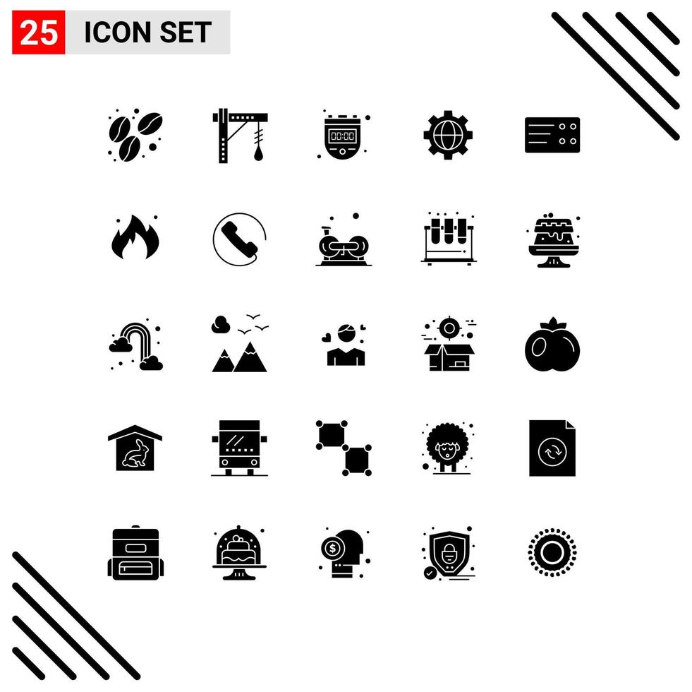 pacote de 25 sinais e símbolos de glifos sólidos modernos para mídia impressa na web, como elementos de design de vetores editáveis de engrenagem de globo de cronômetro de bilhete de incêndio