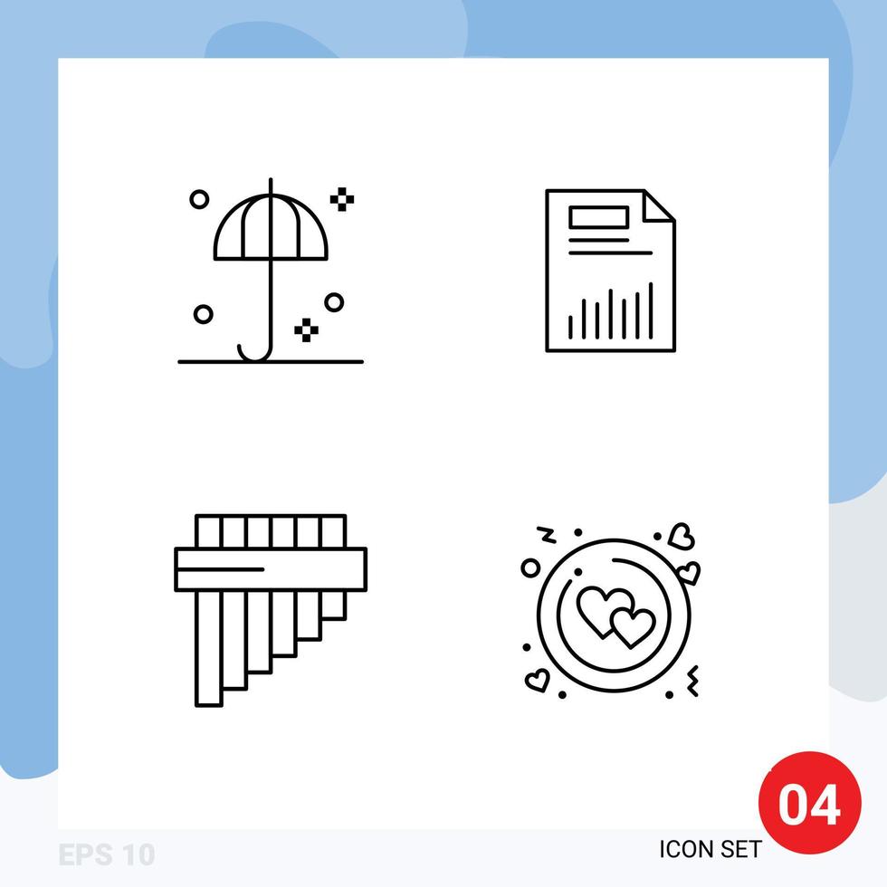 pacote de linha vetorial editável de 4 cores planas de linha preenchida simples de gráfico de guarda-chuva de papel de proteção flauta elementos de design vetorial editáveis vetor