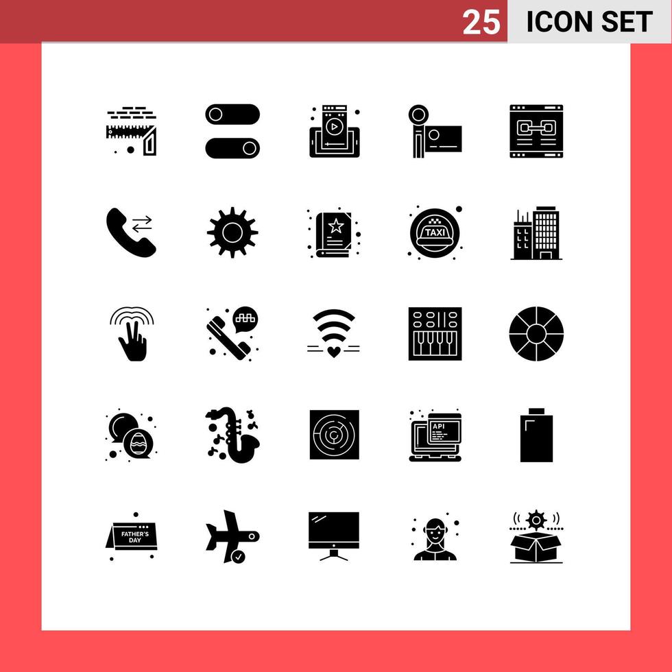 conjunto de glifos sólidos de interface móvel de 25 pictogramas de link câmera de vídeo gravação móvel câmera digital elementos de design de vetores editáveis