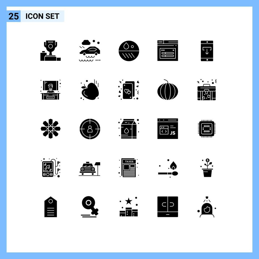 conjunto de 25 pacotes de glifos sólidos comerciais para aplicação web página de estrada molhada elementos de design de vetores editáveis