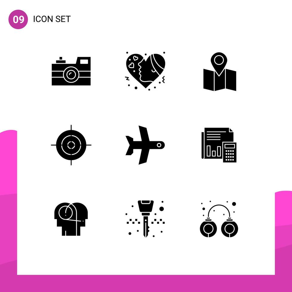 conjunto de pictogramas de 9 glifos sólidos simples de elementos de design de vetores editáveis de ponteiro de interface de alvo de decolagem