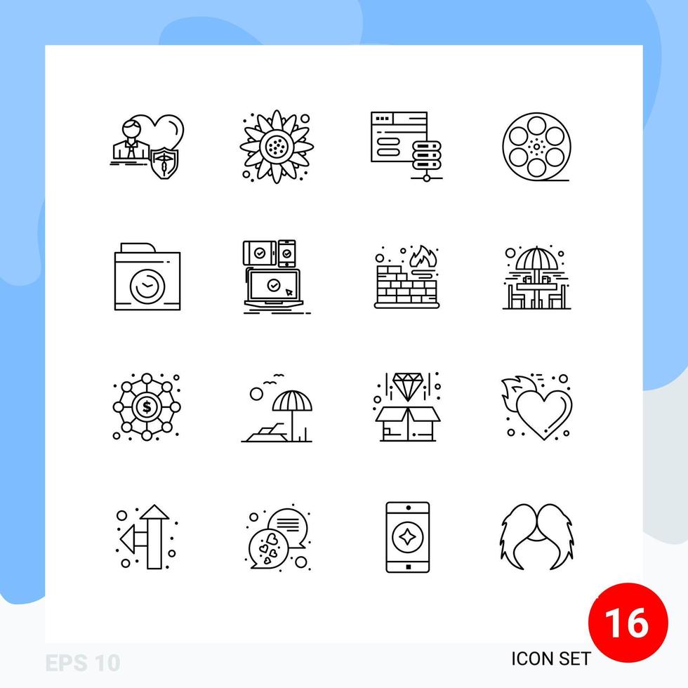 conjunto moderno de 16 contornos e símbolos, como vídeo de ação de graças da câmera, reprodução de elementos de design de vetores editáveis na web
