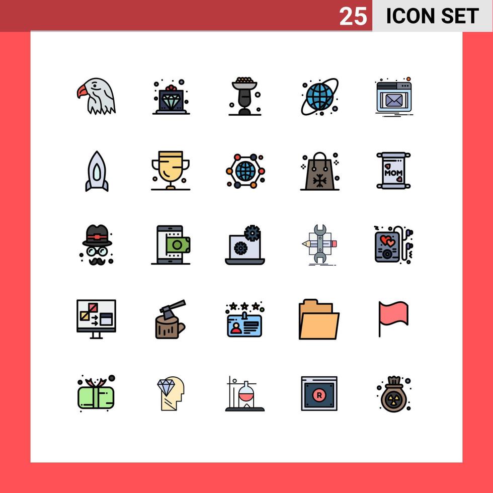 pacote de linha vetorial editável de 25 cores planas de linha preenchida simples de notificação, globo terrestre, cozimento, grade circular, elementos de design vetorial editáveis vetor