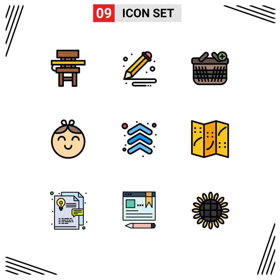 9 interface do usuário pacote de cores planas de linha cheia de sinais modernos e símbolos de setas menina lápis criança adicionar elementos de design de vetores editáveis