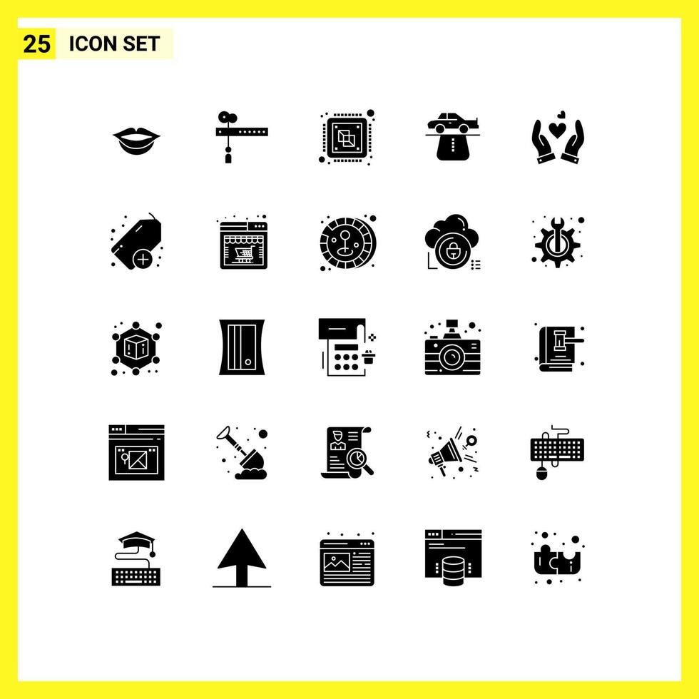 pacote de 25 sinais e símbolos de glifos sólidos modernos para mídia impressa na web, como amor, conforto, tapete de computador, autoridade, elementos de design de vetores editáveis