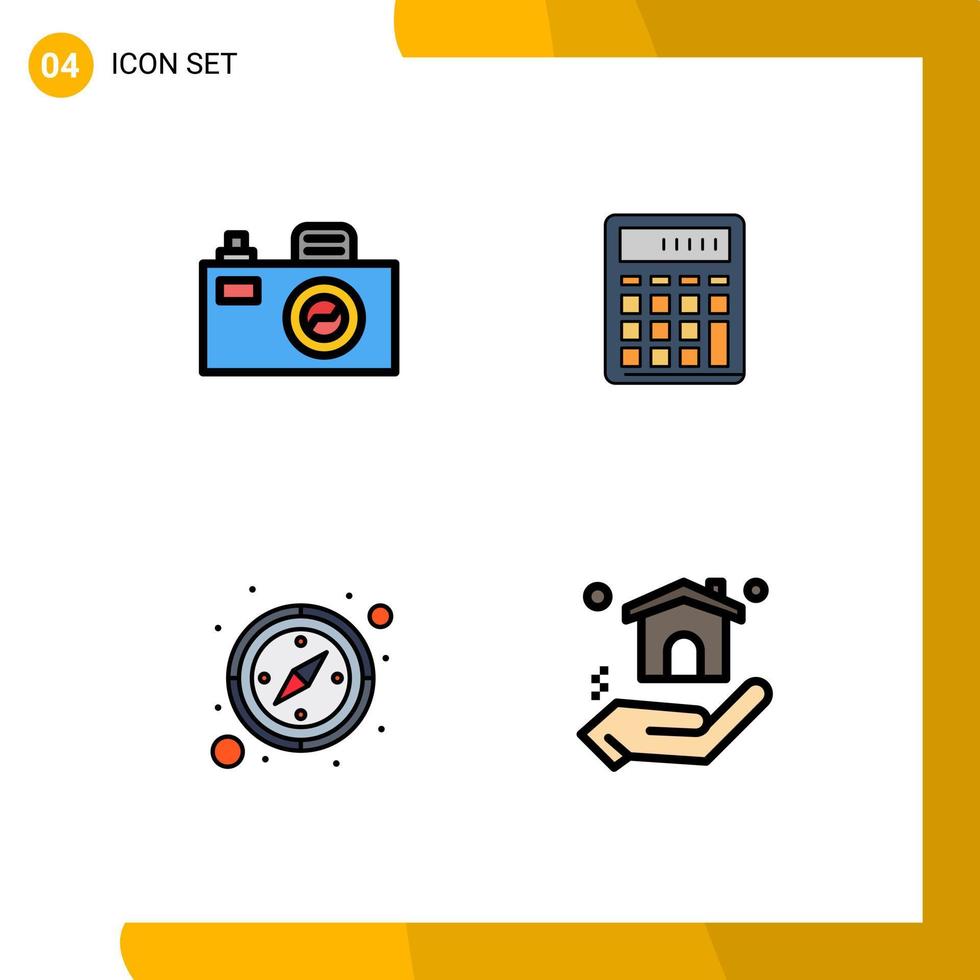 pacote de 4 sinais e símbolos modernos de cores planas de linha preenchida para mídia de impressão na web, como calculadora de bússola de câmera, cálculo de elementos de design de vetores editáveis gps