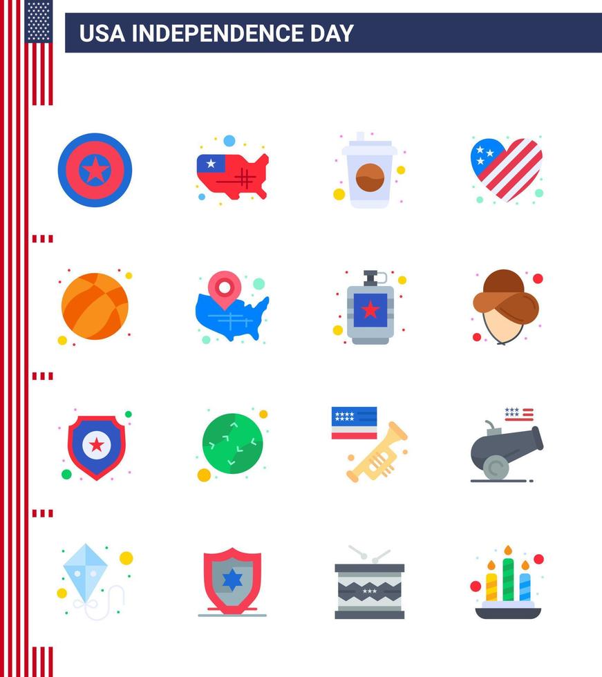 conjunto de 16 ícones do dia dos eua símbolos americanos sinais do dia da independência para bola amor garrafa coração americano editável dia dos eua vetor elementos de design