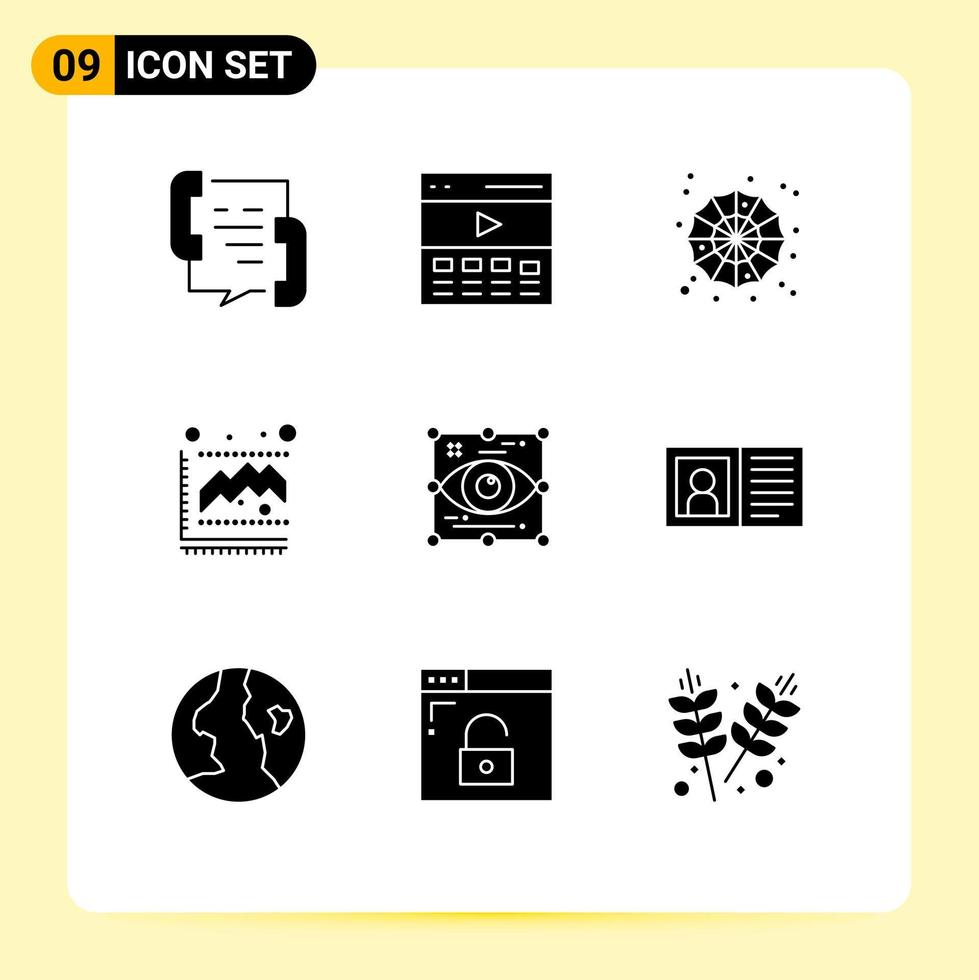 9 interface do usuário pacote de glifos sólidos de sinais modernos e símbolos de estatísticas diagrama de interface de gráfico teia de aranha elementos de design de vetores editáveis