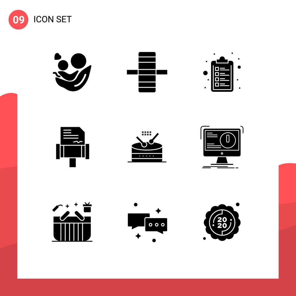grupo de 9 glifos sólidos modernos definidos para lista de verificação de instrumento de desfile elementos de design de vetores editáveis da lei do tambor