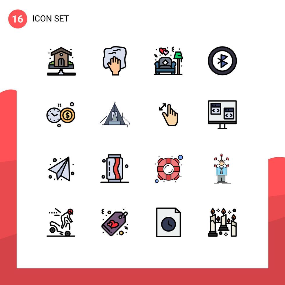 16 interface de usuário pacote de linha cheia de cores planas de sinais e símbolos modernos de conexão de relógio esfregar elementos de design de vetores criativos editáveis de sofá bluetooth